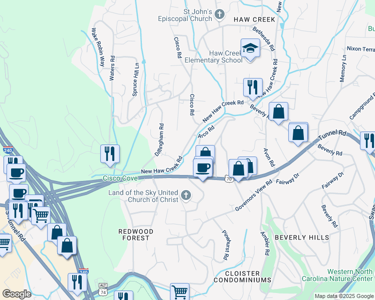 map of restaurants, bars, coffee shops, grocery stores, and more near 397 New Haw Creek Road in Asheville