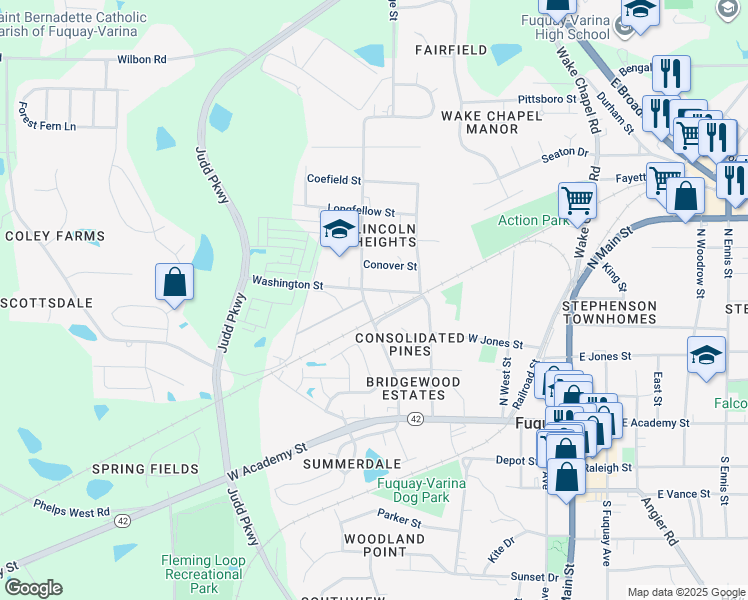 map of restaurants, bars, coffee shops, grocery stores, and more near 256 Bridge Street in Fuquay-Varina