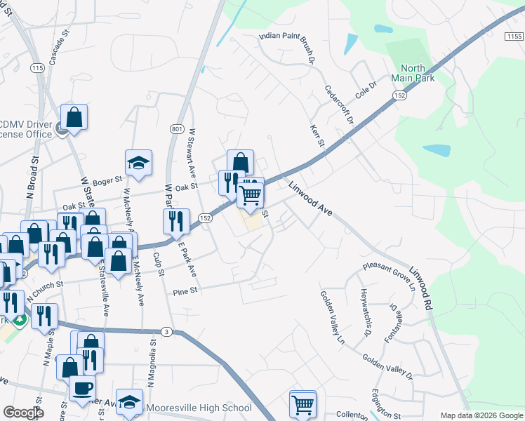 map of restaurants, bars, coffee shops, grocery stores, and more near 1201 Pine St in Mooresville
