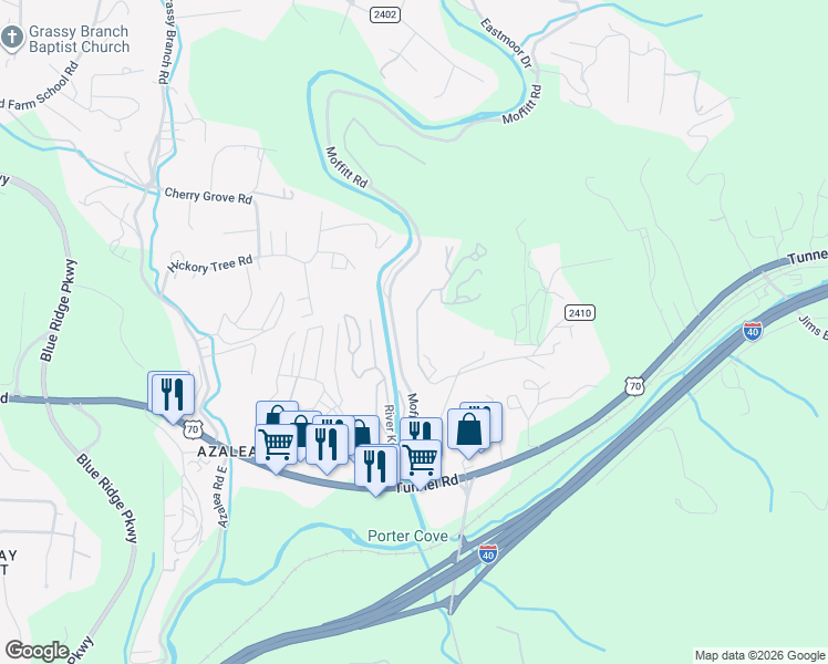 map of restaurants, bars, coffee shops, grocery stores, and more near 99999 Upper Moffitt Road in Asheville