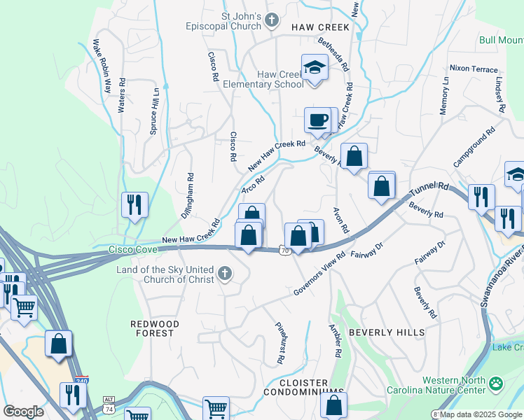 map of restaurants, bars, coffee shops, grocery stores, and more near 27 Mountain View Road in Asheville