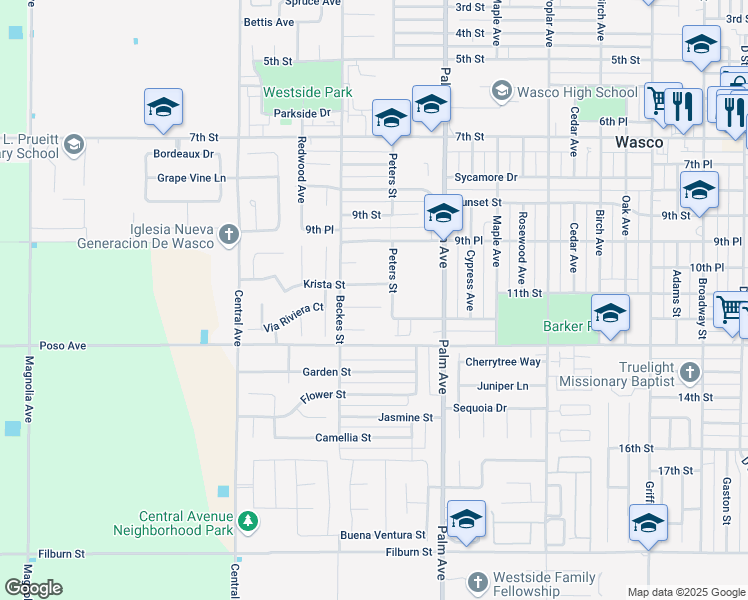 map of restaurants, bars, coffee shops, grocery stores, and more near 2333 Krista Street in Wasco