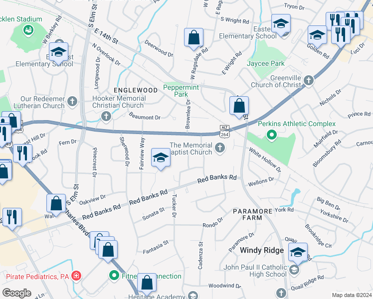 map of restaurants, bars, coffee shops, grocery stores, and more near 106 Azalea Drive in Greenville