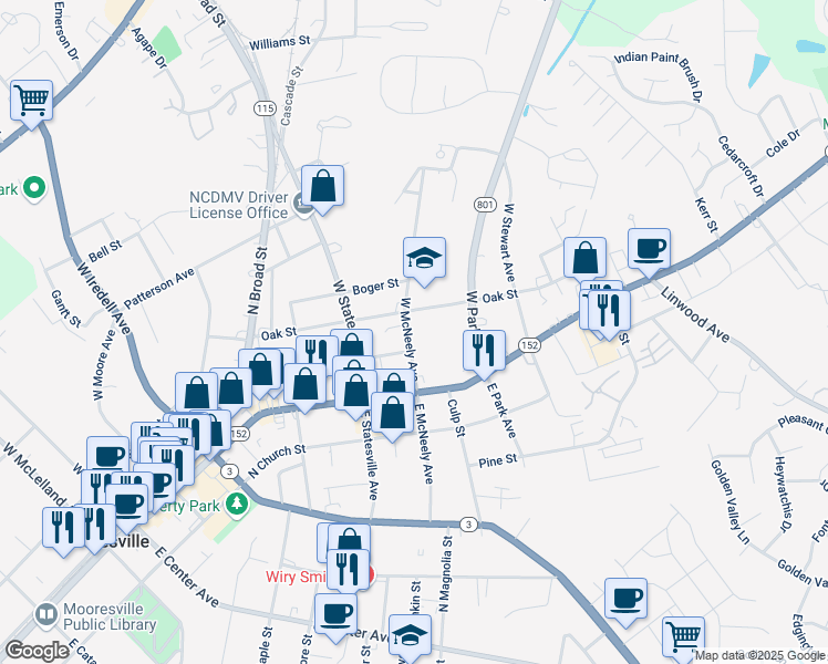 map of restaurants, bars, coffee shops, grocery stores, and more near 155 West McNeely Avenue in Mooresville