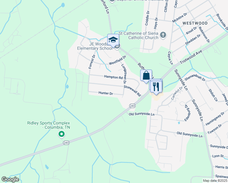 map of restaurants, bars, coffee shops, grocery stores, and more near 206 Hunter Drive in Columbia