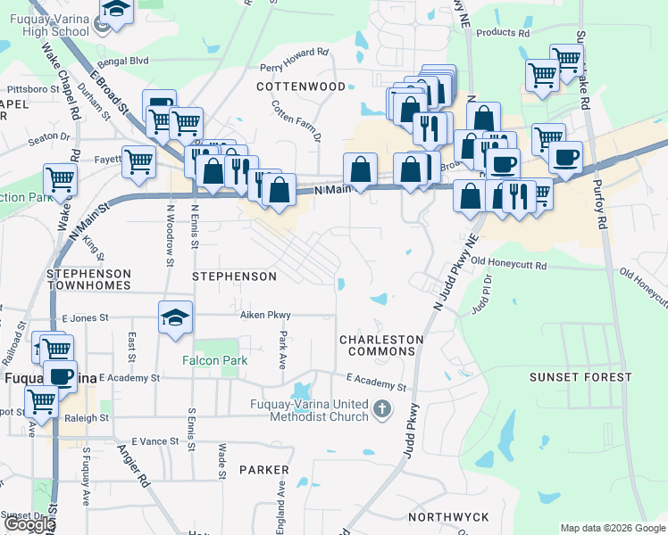 map of restaurants, bars, coffee shops, grocery stores, and more near 100 Quail Hill Street in Fuquay-Varina