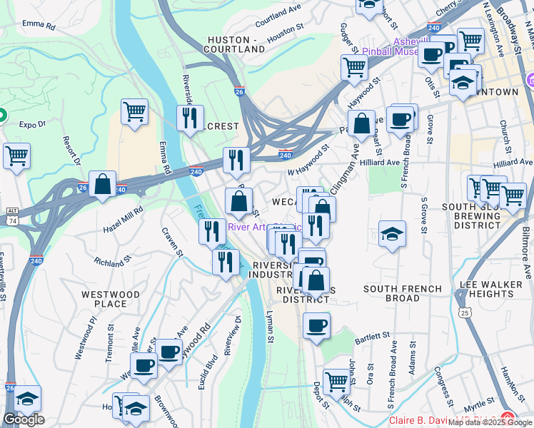 map of restaurants, bars, coffee shops, grocery stores, and more near 59 Park Square in Asheville