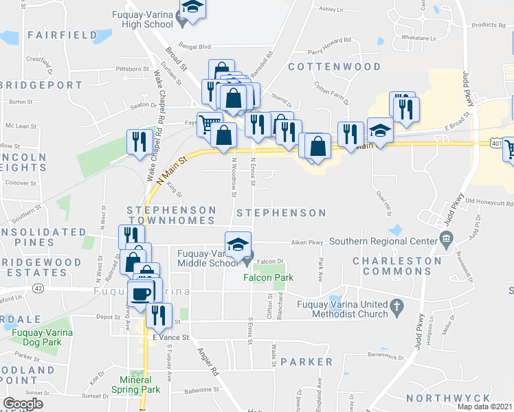 map of restaurants, bars, coffee shops, grocery stores, and more near 501 Oak Street in Fuquay Varina