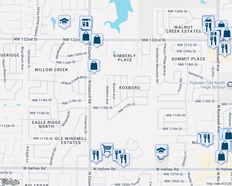 map of restaurants, bars, coffee shops, grocery stores, and more near 11441 Brown Avenue in Oklahoma City