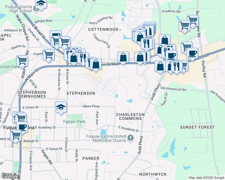 map of restaurants, bars, coffee shops, grocery stores, and more near 212 Parker Station Avenue in Fuquay-Varina