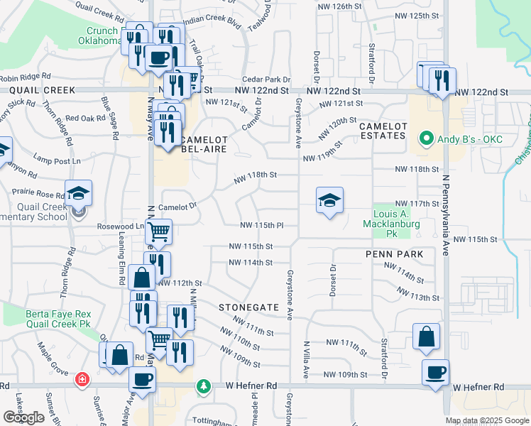 map of restaurants, bars, coffee shops, grocery stores, and more near 2525 Northwest 116th Street in Oklahoma City