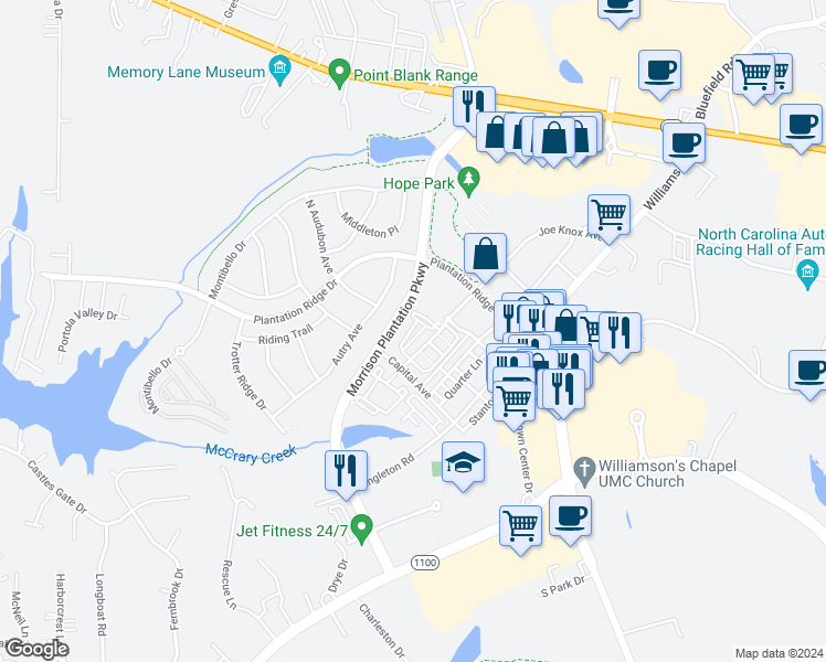 map of restaurants, bars, coffee shops, grocery stores, and more near 119 Shady Grove Drive in Mooresville
