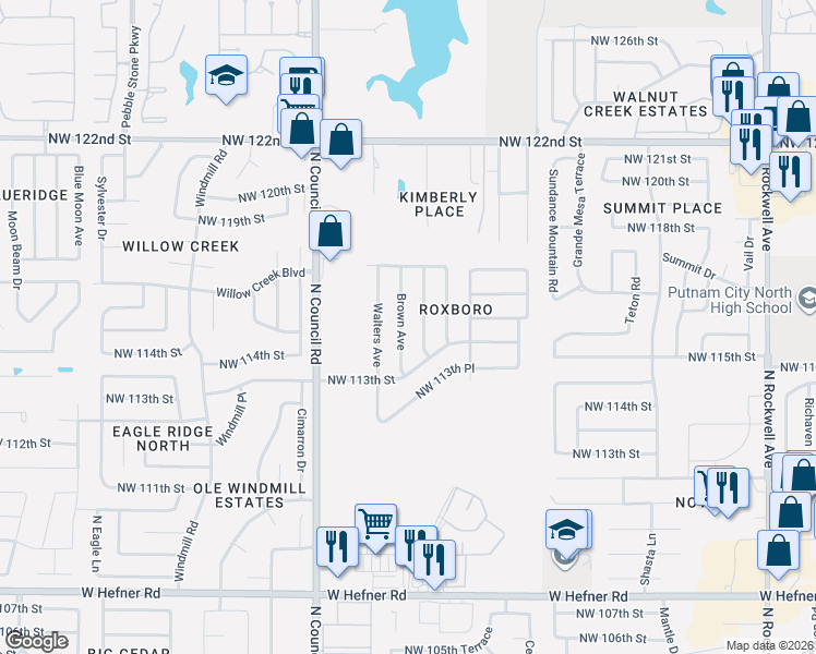 map of restaurants, bars, coffee shops, grocery stores, and more near 11441 Brown Avenue in Oklahoma City
