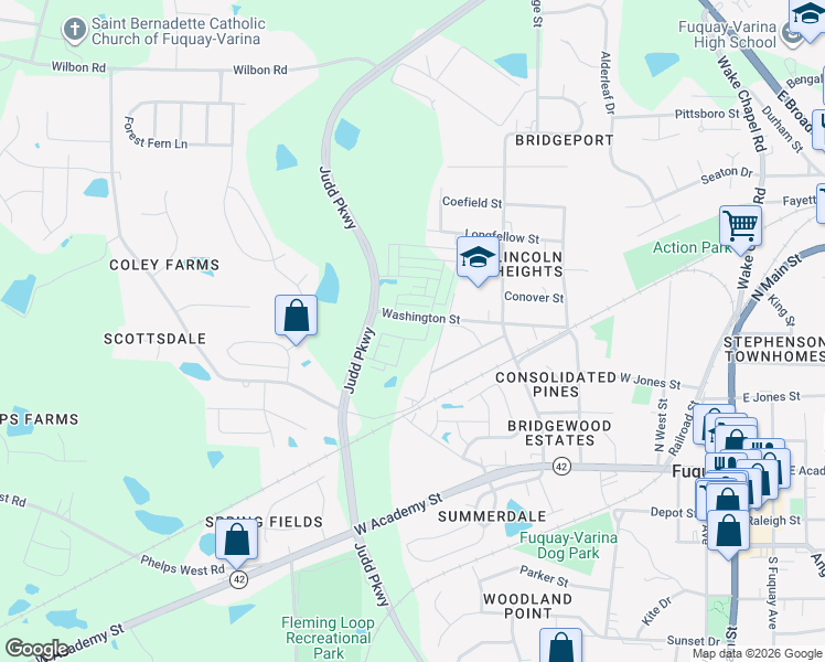 map of restaurants, bars, coffee shops, grocery stores, and more near 202 Coley Farm Road in Fuquay-Varina