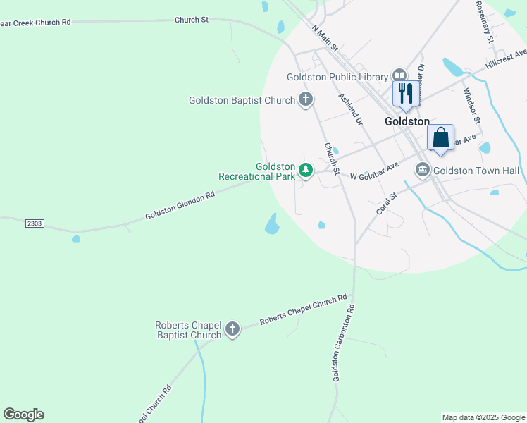 map of restaurants, bars, coffee shops, grocery stores, and more near 4449 Goldston Glendon Road in Goldston