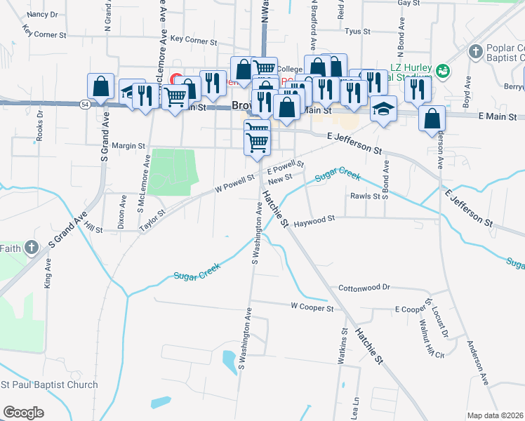 map of restaurants, bars, coffee shops, grocery stores, and more near 411 Hatchie Street in Brownsville