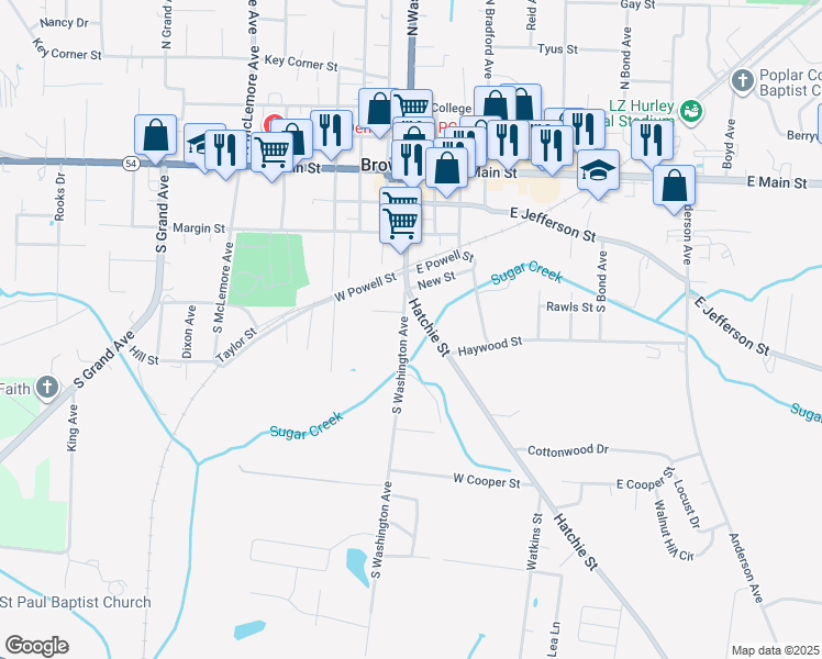 map of restaurants, bars, coffee shops, grocery stores, and more near 411 Hatchie Street in Brownsville