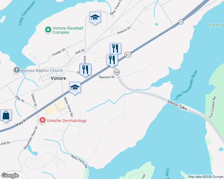 map of restaurants, bars, coffee shops, grocery stores, and more near 220 Dawson Street in Vonore