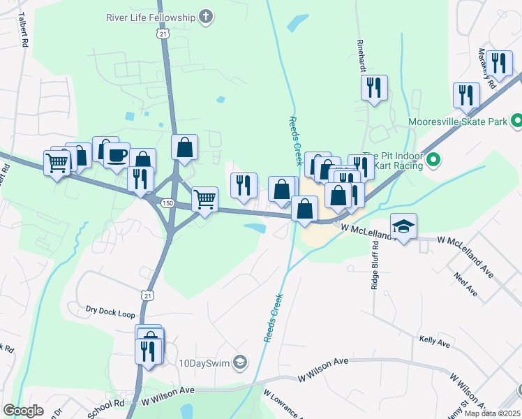 map of restaurants, bars, coffee shops, grocery stores, and more near 122 Loc Doc Place in Mooresville