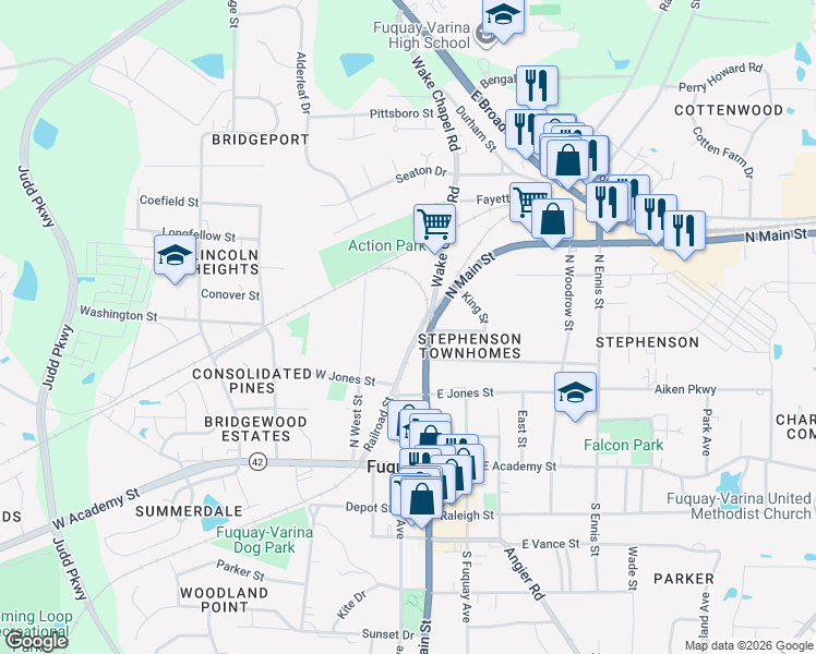 map of restaurants, bars, coffee shops, grocery stores, and more near 211 Railroad Street in Fuquay-Varina