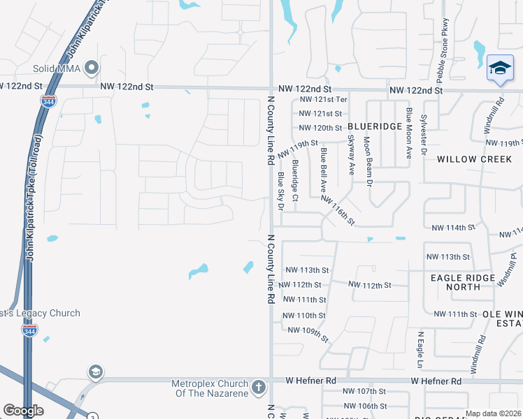map of restaurants, bars, coffee shops, grocery stores, and more near 11617 Blue Sky Drive in Oklahoma City