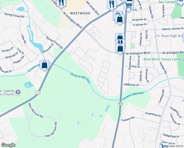 map of restaurants, bars, coffee shops, grocery stores, and more near 1240 Cross Creek Circle in Greenville