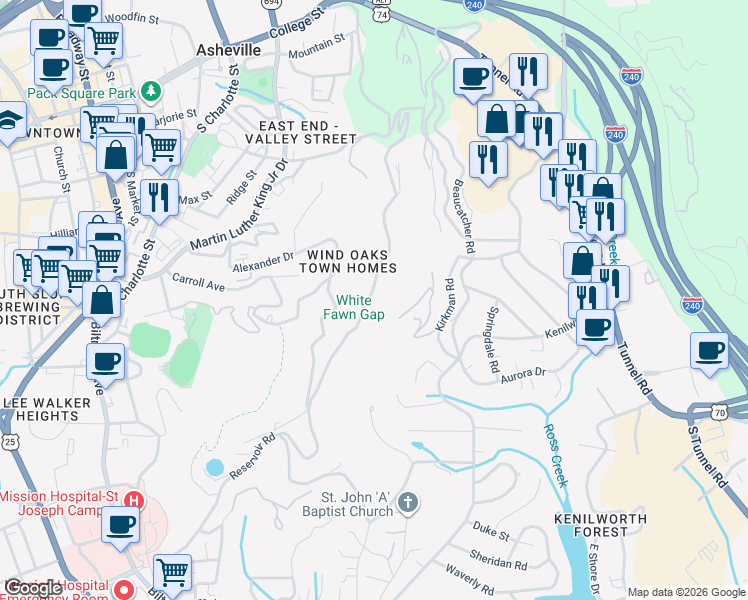 map of restaurants, bars, coffee shops, grocery stores, and more near 157 Ardmion Park in Asheville