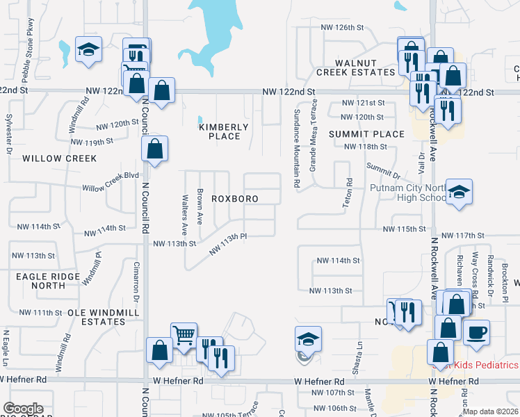 map of restaurants, bars, coffee shops, grocery stores, and more near 7509 Northwest 114th Street in Oklahoma City
