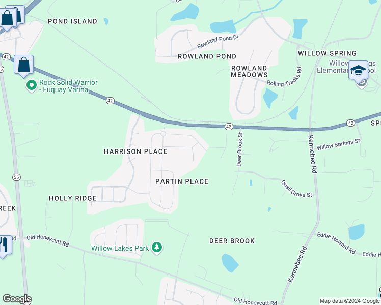 map of restaurants, bars, coffee shops, grocery stores, and more near 247 Maple Twig Court in Fuquay-Varina