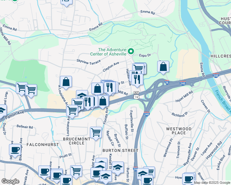 map of restaurants, bars, coffee shops, grocery stores, and more near 240 Hazel Mill Road in Asheville