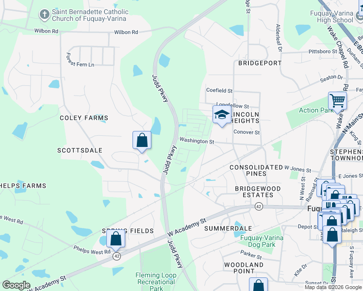 map of restaurants, bars, coffee shops, grocery stores, and more near 202 Coley Farm Road in Fuquay-Varina