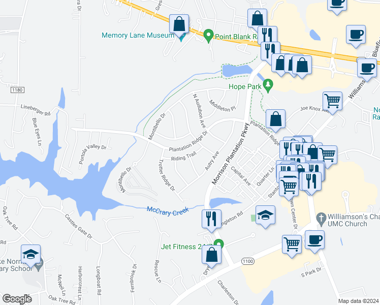 map of restaurants, bars, coffee shops, grocery stores, and more near 114 Riding Trail in Mooresville