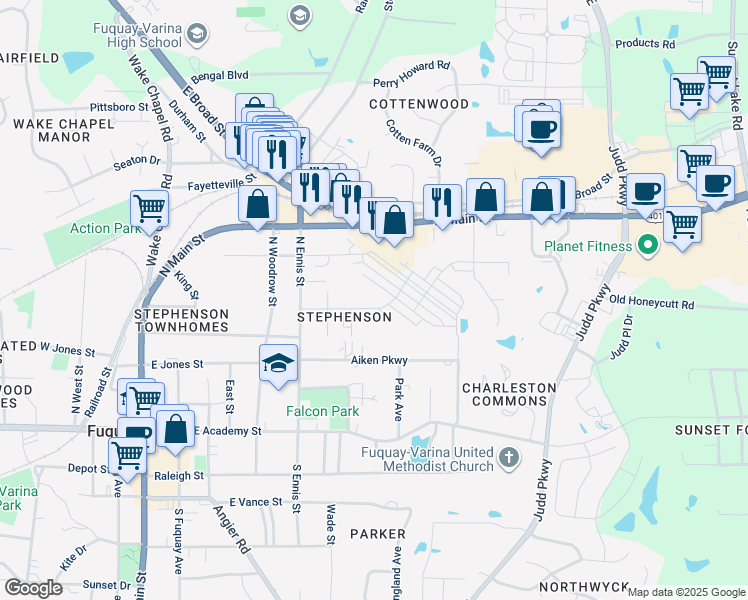 map of restaurants, bars, coffee shops, grocery stores, and more near 709 Oak Street in Fuquay-Varina