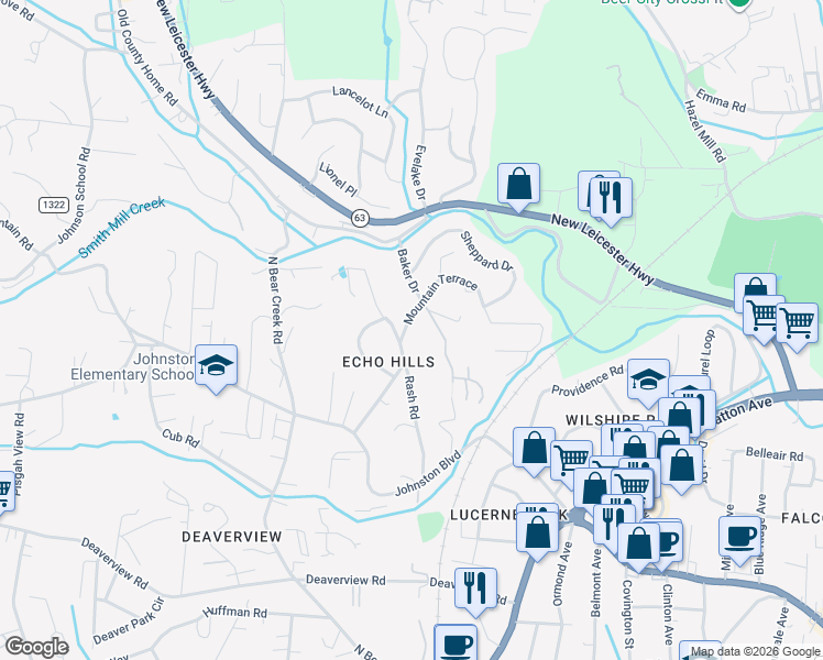 map of restaurants, bars, coffee shops, grocery stores, and more near 3 Mountain Terrace in Asheville