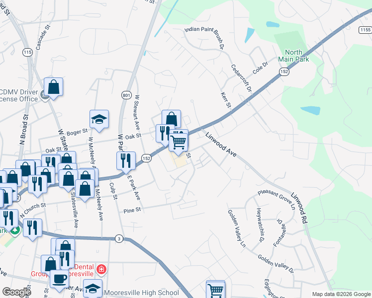 map of restaurants, bars, coffee shops, grocery stores, and more near 1201 Pine St in Mooresville