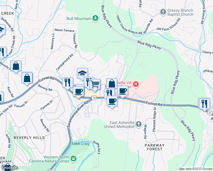 map of restaurants, bars, coffee shops, grocery stores, and more near 57 Craig Circle in Asheville