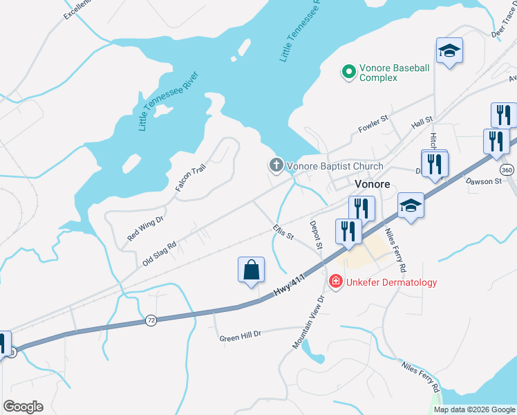 map of restaurants, bars, coffee shops, grocery stores, and more near 168 Ellis Street in Vonore