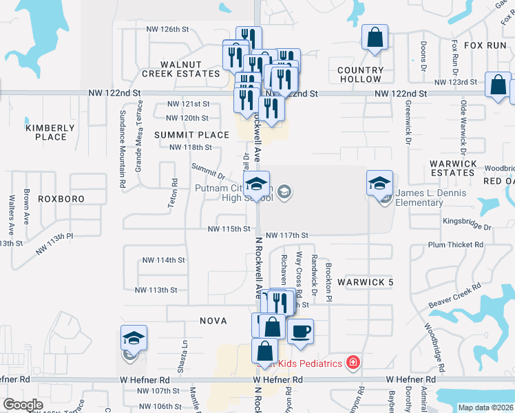 map of restaurants, bars, coffee shops, grocery stores, and more near 11722-11766 North Rockwell Avenue in Oklahoma City