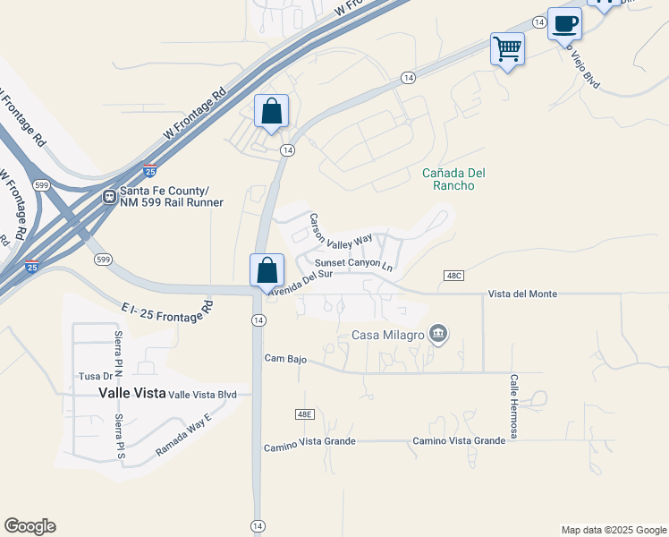 map of restaurants, bars, coffee shops, grocery stores, and more near 26 Sunset Canyon Lane in Santa Fe