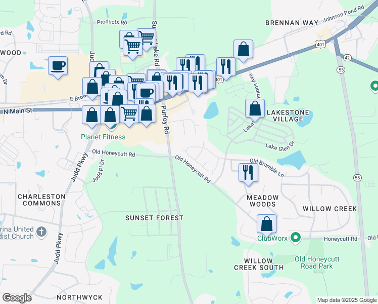 map of restaurants, bars, coffee shops, grocery stores, and more near 1320 Old Bramble Lane in Fuquay Varina