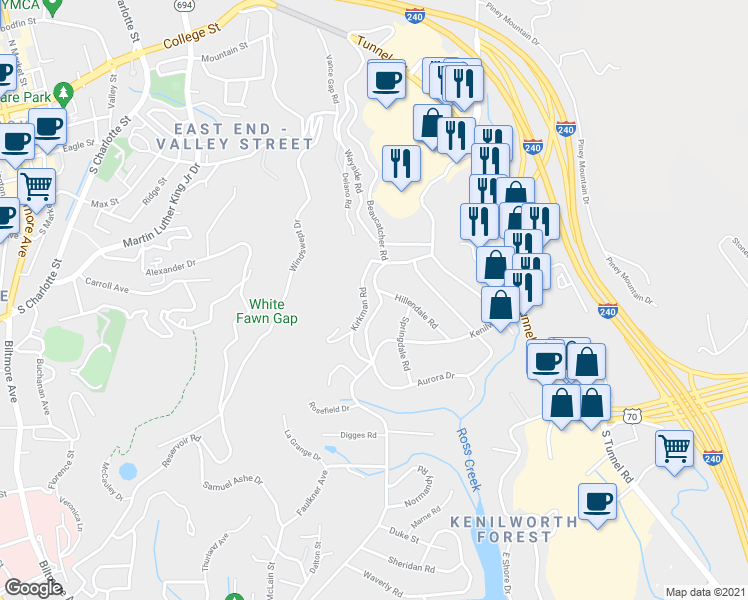 map of restaurants, bars, coffee shops, grocery stores, and more near 31 Aurora Drive in Asheville