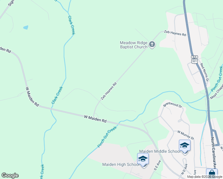 map of restaurants, bars, coffee shops, grocery stores, and more near 1360 Zeb Haynes Road in Maiden