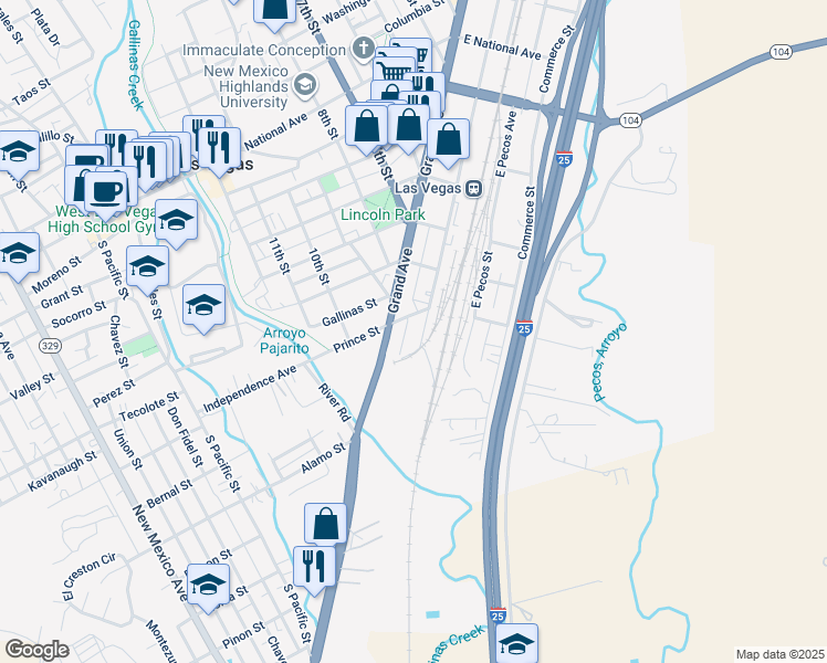 map of restaurants, bars, coffee shops, grocery stores, and more near 119 Railroad Avenue in Las Vegas
