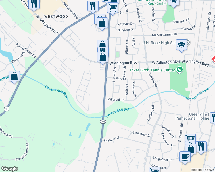 map of restaurants, bars, coffee shops, grocery stores, and more near 2715 South Memorial Drive in Greenville
