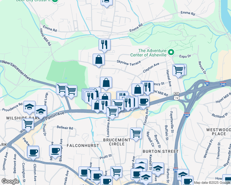 map of restaurants, bars, coffee shops, grocery stores, and more near 1001 Patton Avenue in Asheville