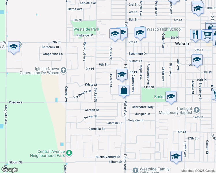 map of restaurants, bars, coffee shops, grocery stores, and more near 2333 Krista Street in Wasco
