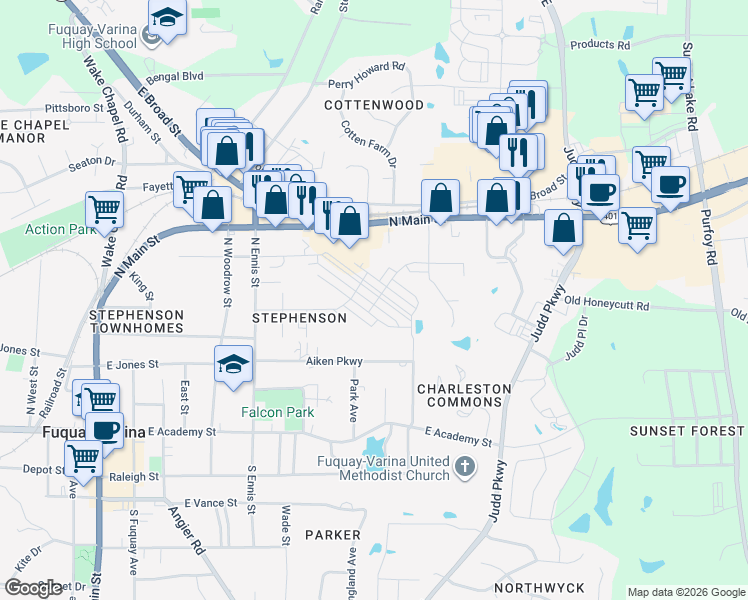 map of restaurants, bars, coffee shops, grocery stores, and more near 910 North Main Street in Fuquay-Varina