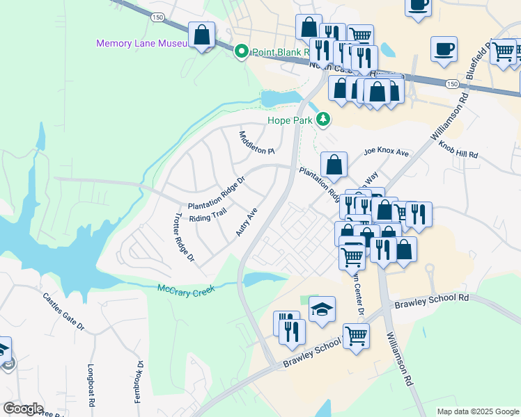 map of restaurants, bars, coffee shops, grocery stores, and more near 135 Autry Avenue in Mooresville