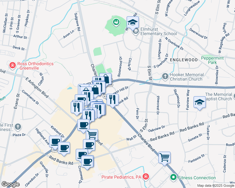 map of restaurants, bars, coffee shops, grocery stores, and more near 2000 Forest Hill Drive in Greenville