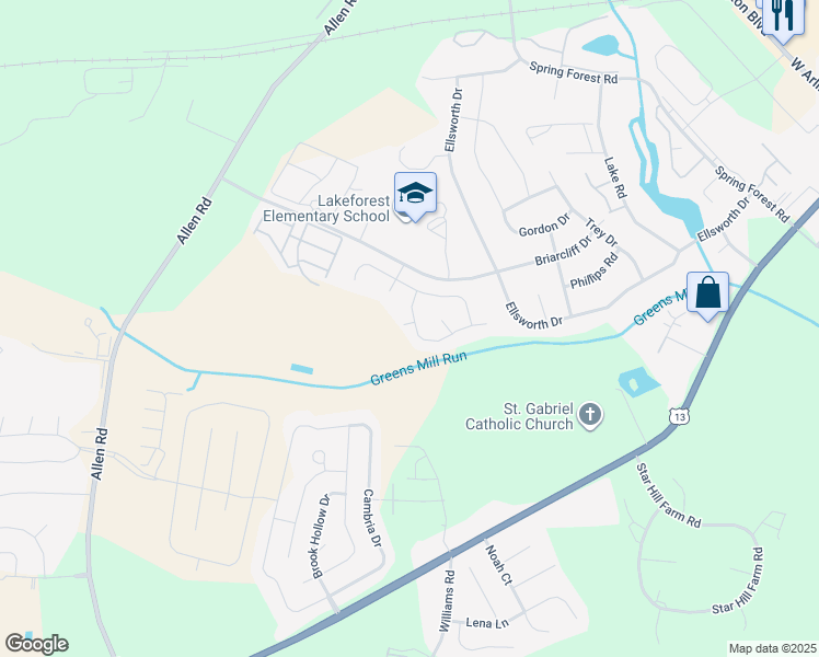 map of restaurants, bars, coffee shops, grocery stores, and more near 500 Kiesee Drive in Greenville